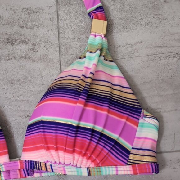 Victorias Secret Bikini Set Striped Wirefree Halter Foldover Push Up Metallic - Picture 2 of 12